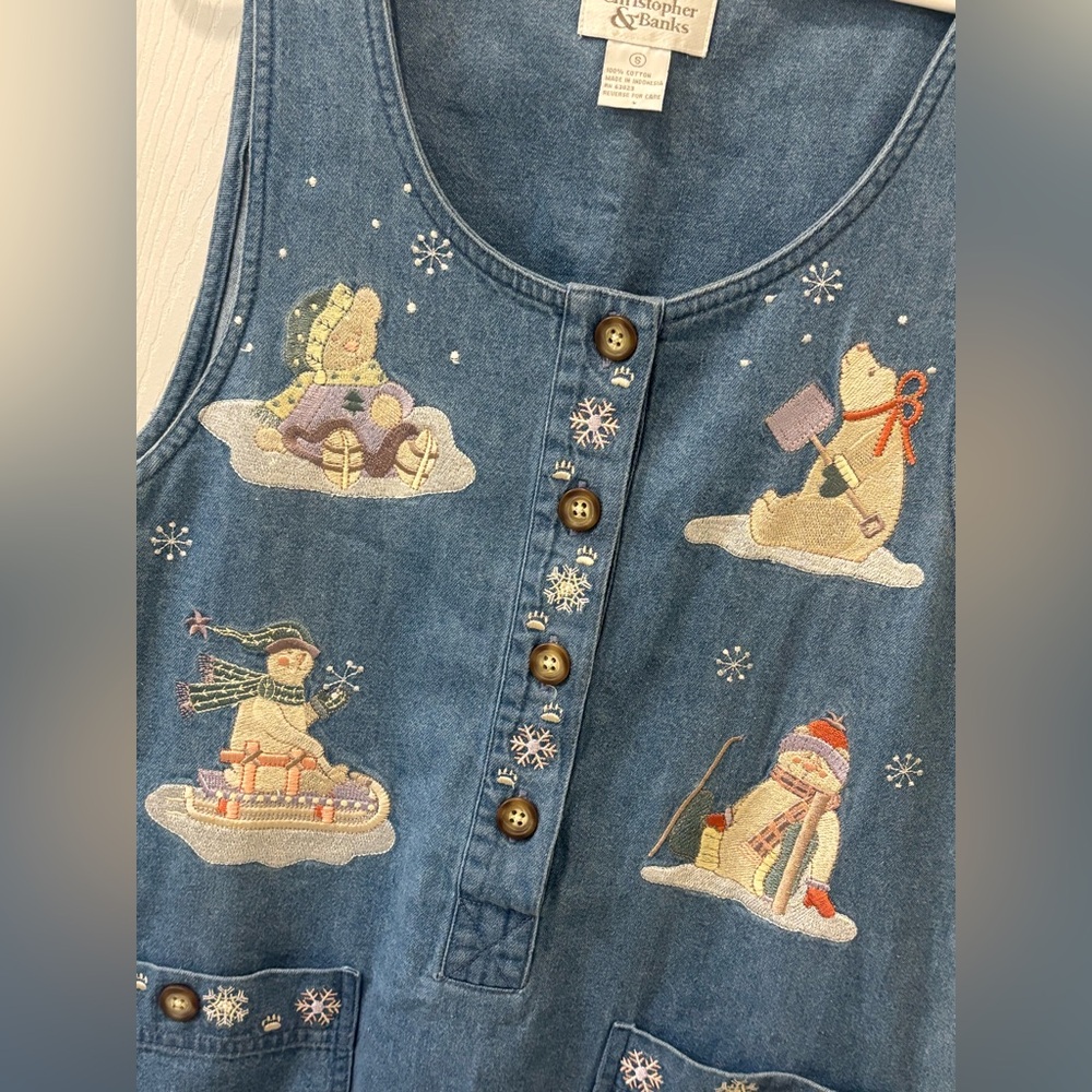 Vintage Y2K Christopher & Banks Blue Denim Dress with Snowman Design